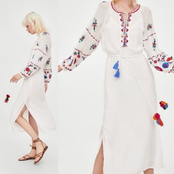 Zara Dresses & Skirts - Zara Trf Colorful Embroidered Bohemian Tunic Pom Poms Tassel Casual Maxi Dress
